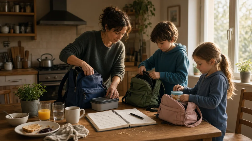 A parent and two children organizing school bags together in the kitchen