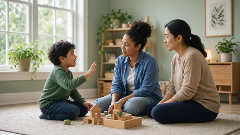 A child sharing a story with a clinician and parent during play