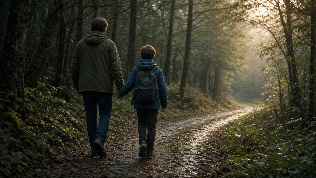 A parent and child walking together toward a sunlit clearing
